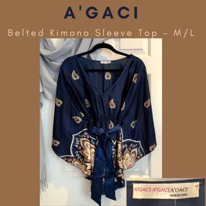 A'Gaci Satin Kimono Sleeve Belted Blouse M/L